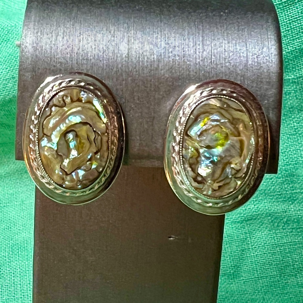 Vintage Sterling Silver Abalone WRE Richards Earrings,  Screw Back, Signed